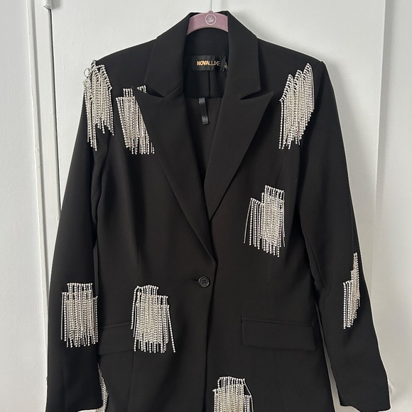 Black Fashion Nova Pants Suit with Rhinestone Fringe Trim Sz. M NWT - Picture 2 of 14